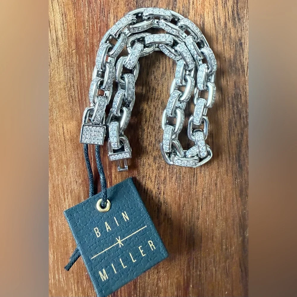 New NWT Bain x Miller Silver Tone Clear Rhinstone  Chain Bracelet Men’s Jewelry